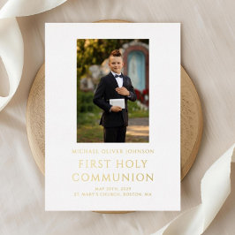 Foto van jongen wit eerste heilige communie goud folie uitnodiging