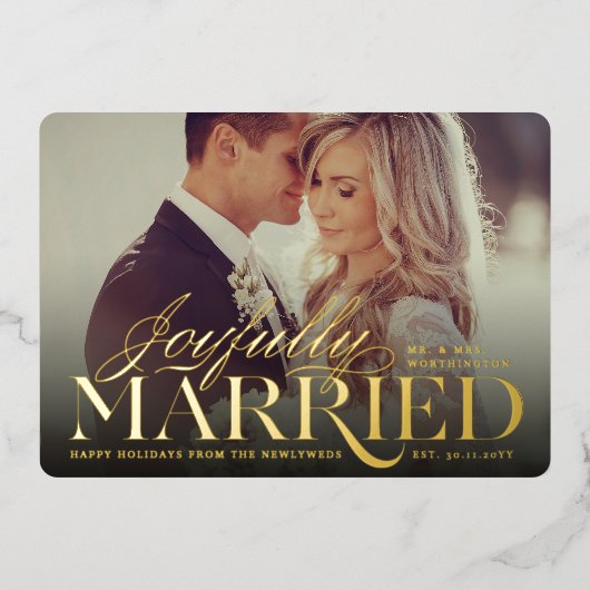 Foto van Joyful Married Modern Classic Weddenschap Folie Feestdagenkaart (Voorkant)