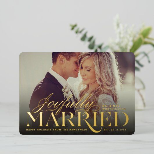 Foto van Joyful Married Modern Classic Weddenschap Folie Feestdagenkaart (Staand Voorkant)