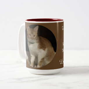 Foto van kat met oranje vacht tekst tweekleurige koffiemok
