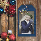 Foto van Kerstmis Blauw Wood Cadeaulabel