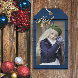 Foto van Kerstmis Blauw Wood Cadeaulabel