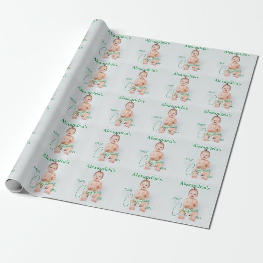 Foto van kind uploaden Eerste Kerstmis Cadeaupapier (Uitgerold)