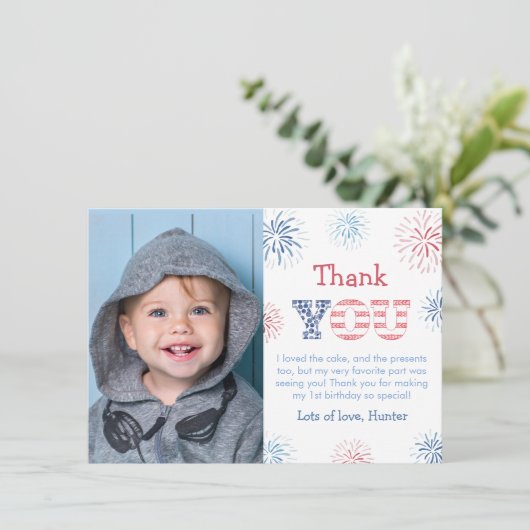 Foto van kinderen met vuurwerk in rood, wit en bla bedankkaart (Staand voorkant)