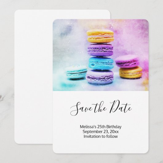 Foto van kleurrijke Macarons Save The Date (Voorkant / Achterkant)