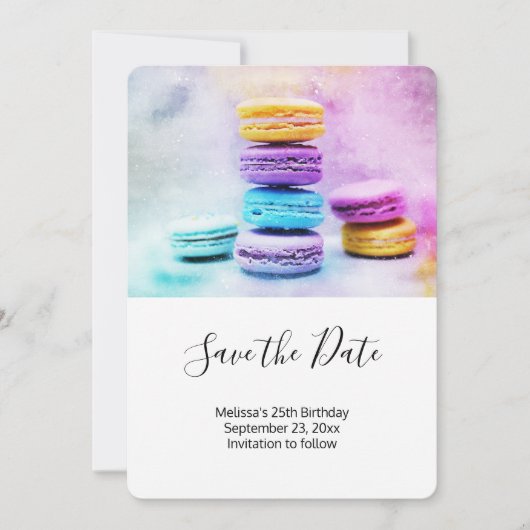 Foto van kleurrijke Macarons Save The Date (Voorkant)