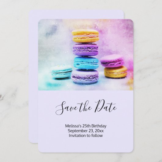 Foto van kleurrijke Macarons Save The Date (Voorkant / Achterkant)