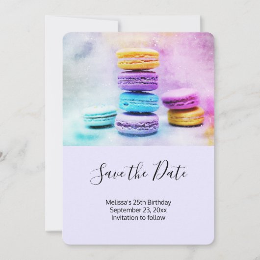 Foto van kleurrijke Macarons Save The Date (Voorkant)