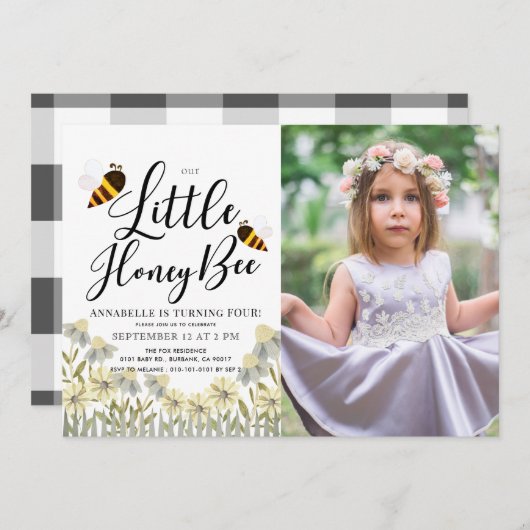 Foto van Little Honey Bee Daisy Birthday Kaart (Voorkant / Achterkant)