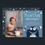 Foto van Little Monster Kids Birthday Kaart<br><div class="desc">Kies voor deze schattige kinderuitnodigingen voor verjaardagsfeestjes om de grote mijlpaal van je kleine monster te vieren. Het Schattigee monsterthema heeft een cartoon in marineblauw met een turquoise boog stropdas. Personaliseer met je verjaardagsfeestdetails in aqua en witte letters geaccentueerd met witte sterren. Perfect voor eerste verjaardagen of elke leeftijd, kunt...</div>