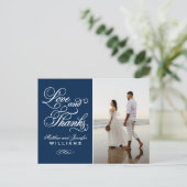 Foto van Love and Bedankt Navy Blue Wedding Briefkaart (Staand voorkant)