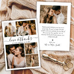 Foto van Love and Bedankt Script Collage Wedding<br><div class="desc">Elegant, minimalistisch met briefjes 5 Foto Collage Hartelijk dank. Moderne bruiloft bedankt je sjabloon met vijf (5) foto op de voorkant en één (1) foto op de achterkant. Met de tekst "Liefde en bedankt" in een handgeschreven lettertype van typografie met letters in zwart op witte achtergrond. Voeg jouw naam, foto's...</div>