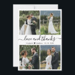 Foto van Love and Bedankt Script Collage Wedding<br><div class="desc">Elegant, minimalistisch zwart-wit handschrift foto collage gepersonaliseerde bruiloft bedankt kaart. Stijlvolle bruiloft bedankt je sjabloon met vier (4) foto op de voorkant en één (1) foto op de achterkant. Met de tekst "Liefde en bedankt" in een handgeschreven lettertypefout met lettertype voor letterspoeling in zwart op witte achtergrond. Personaliseer jouw naam...</div>