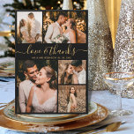 Foto van Love and Bedankt Script Collage Wedding H<br><div class="desc">Elegant, minimalistisch Script Gold en Black Wedding 5 Foto Collage Hartelijk dank. Moderne bruiloft bedankt je sjabloon met vijf (5) foto op de voorkant en één (1) foto op de achterkant. Met de tekst "Liefde en bedankt" in een handgeschreven lettertype van typografie met letters in goud op zwarte achtergrond. Voeg...</div>