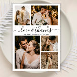 Foto van Love and Bedankt Script Collage Wedding H<br><div class="desc">Elegant, hand-met-uitgezonden weddenfoto Collage bedankt kaarten. Moderne, minimale bruiloft bedankt je sjabloon met vijf (5) foto op de voorkant en één (1) foto op de achterkant. Met de tekst "Liefde en bedankt" in een prachtige hand die typografische manuscriptdoopvont in zwarte op witte achtergrond lettert. Costumize jouw naam, foto's en bedankt...</div>