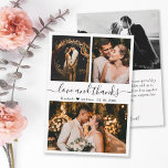 Foto van Love and Bedankt Script Weduwen<br><div class="desc">Elegant, minimalistisch met briefjes voor bruiloft. Dank je wel. Stijlvolle bruiloft bedankt je sjabloon met drie foto's op de voorkant en één foto op de achterkant. Met de tekst "Liefde en bedankt" in een handgeschreven lettertype van typografie met letters in zwart op witte achtergrond. Pas de douanenaam aan en dank...</div>