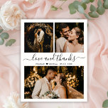 Foto van Love and Bedankt Script Weduwen Hartelijk Flyer<br><div class="desc">Budget, Elegant, Minimalistisch Hand Lettered Photo Collage Wedding Dank u, gepersonaliseerde goedkope low budget flyer. Stijlvolle bruiloft bedankt je papieren sjabloon met drie foto's op de voorkant en één foto op de achterkant. Met de tekst "Liefde en bedankt" in een handgeschreven lettertype van typografie met letters in zwart op witte...</div>