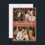 Foto van Love and Bedankt Terracotta Wedding Photo<br><div class="desc">Elegant, minimalistisch met briefjes ter gelegenheid van het huwelijk Hartelijk dank voor uw kaartje in de kleur van de aards-terracotta. Stijlvolle bruiloft bedankt je sjabloon met drie foto's op de voorkant en één foto op de achterkant. Met de tekst "Liefde en bedankt" in een handgeschreven lettertype van typografie met lettertekens...</div>