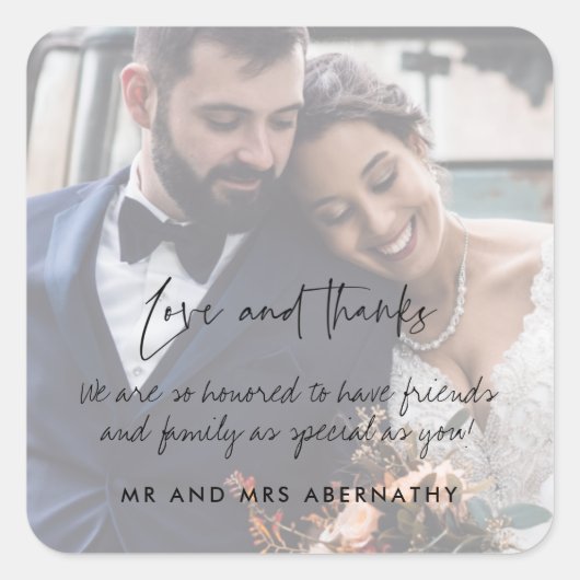 Foto van Love and Bedankt Wedding Favor Vierkante Sticker (Voorkant)