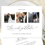 Foto van Love and Gratitude Monogram Wedding Bedankkaart<br><div class="desc">Bedankt voor je gasten met deze elegante drie foto's die ik heb gefotografeerd. Schone en eenvoudige witte en zwarte vormgeving met elegantie en genade. De term "met liefde en dankbaarheid" in moderne handgeschreven kalligrafie. Terug met elegant handgetekend monogram met koppels initialen en gebied voor je bericht. Gemakkelijke sjabloon waar je...</div>