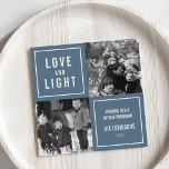 Foto van Love & Light Modern Hanukkah Feestdagenkaart<br><div class="desc">Show van je vierkante foto's in deze eenvoudige, moderne Hanukkah-fotokaart. Het ontwerp is voorzien van een vierkantsstructuur met een blauwe achtergrond en een "Liefde en Licht" in een modern wit blokje. Gebruik de twee aanpasbare tekstvelden om een aangepaste groet en uw familienaam toe te voegen. Foto © Storytree Studios, Stanford,...</div>