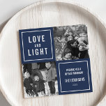 Foto van Love & Light Modern Hanukkah Feestdagenkaart<br><div class="desc">Show van je vierkante foto's in deze eenvoudige, moderne Hanukkah-fotokaart. Het ontwerp is voorzien van een vierkantsstructuur met een blauw marineschakelachtergrond en een "Liefde en Licht" in een modern wit blokje. Gebruik de twee aanpasbare tekstvelden om een aangepaste groet en uw familienaam toe te voegen. Foto © Storytree Studios, Stanford,...</div>