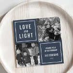 Foto van Love & Light Modern Hanukkah Feestdagenkaart<br><div class="desc">Show van je vierkante foto's in deze eenvoudige, moderne Hanukkah-fotokaart. Het ontwerp is voorzien van een vierkantsstructuur met een blauwe achtergrond en een "Liefde en Licht" in een modern wit blokje. Gebruik de twee aanpasbare tekstvelden om een aangepaste groet en uw familienaam toe te voegen. Foto © Storytree Studios, Stanford,...</div>