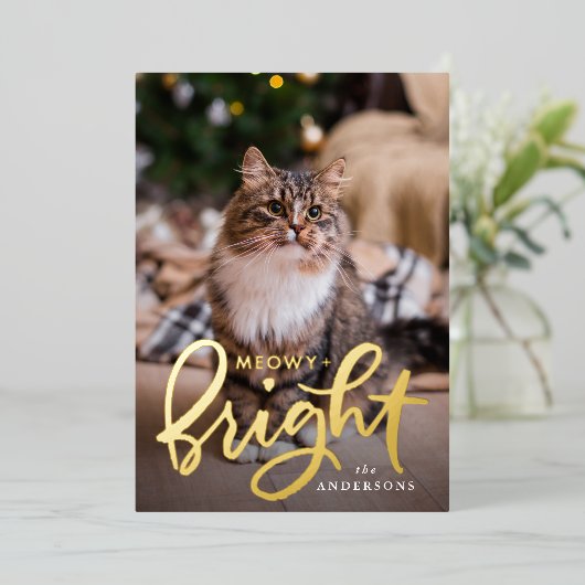 Foto van Meowy and Bright Script Cat Folie Feestdagenkaart (Staand Voorkant)