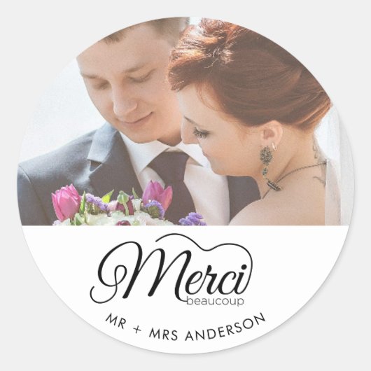 Foto van Merci Beaucoup Weddendag Ronde Sticker (Voorkant)