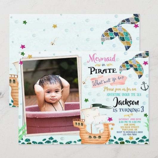 Foto van Mermaid en Pirate verjaardagsuitnodiging Kaart (Voorkant / Achterkant)