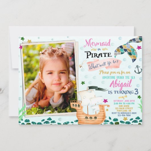 Foto van Mermaid en Pirate verjaardagsuitnodiging Kaart (Voorkant)