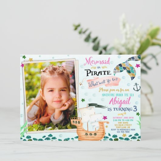 Foto van Mermaid en Pirate verjaardagsuitnodiging Kaart (Staand voorkant)