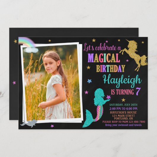 Foto van Mermaid en Unicorn verjaardagsuitnodiging Kaart (Voorkant / Achterkant)