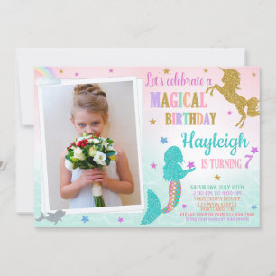 Foto van Mermaid en Unicorn verjaardagsuitnodiging Kaart