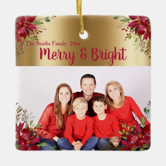 Foto van Merry and Bright Kerstmis Burgundy Holida Keramisch Ornament (Voorkant)