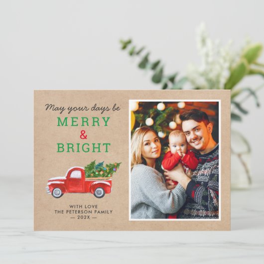 Foto van Merry and Bright Kerstmis Truck Kraft Feestdagenkaart (Staand voorkant)