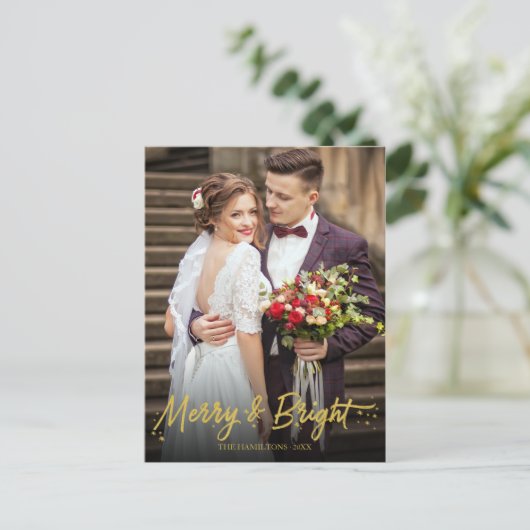 Foto van Merry And Bright Newlywed Christmas Holid Briefkaart (Staand voorkant)