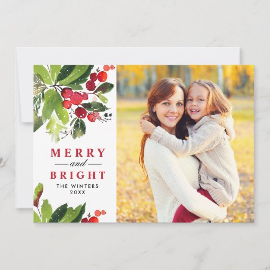 Foto van Merry and Bright Red Waterverf Greenery Feestdagenkaart (Voorkant)