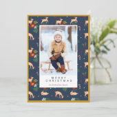 Foto van Merry kerst Navy Reindeer Floral Pattern Feestdagenkaart (Staand voorkant)