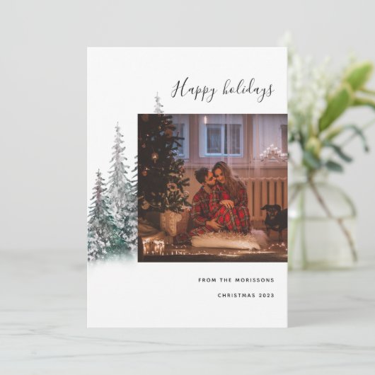 Foto van Merry kerstboomfamilie: modern, gelukkig Feestdagenkaart (Staand voorkant)