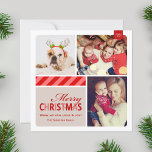foto van Merry Kerstrood Feestdagenkaart<br><div class="desc">Met deze simpelweg mooie vierkant-kerstkaart stuur je kerstcadeautje naar familie en vrienden. Een Festive striped kaart bevat drie fotoplaatsingen om uw favoriete foto's te laten zien.</div>