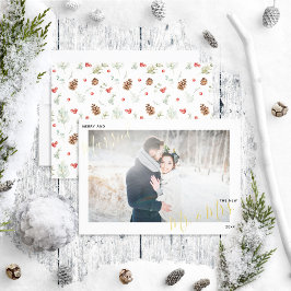 Foto van Merry & Married Winter Pine Berry Wedding Folie Feestdagenkaart