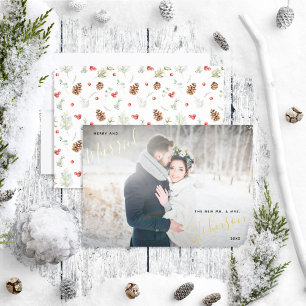 Foto van Merry & Married Winter Pine Berry Wedding Folie Feestdagenkaart