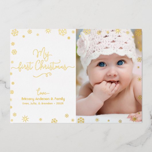 Foto van Mijn eerste kerstcadeautje Snowflakes Rea Folie Feestdagenkaart (Voorkant)