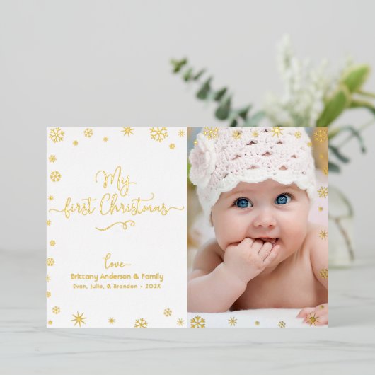 Foto van Mijn eerste kerstcadeautje Snowflakes Rea Folie Feestdagenkaart (Staand Voorkant)