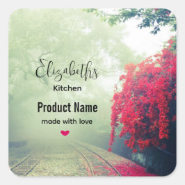 Foto van Misty Train Tracks & Red Tree - Keuken Vierkante Sticker