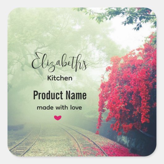Foto van Misty Train Tracks & Red Tree - Keuken Vierkante Sticker (Voorkant)