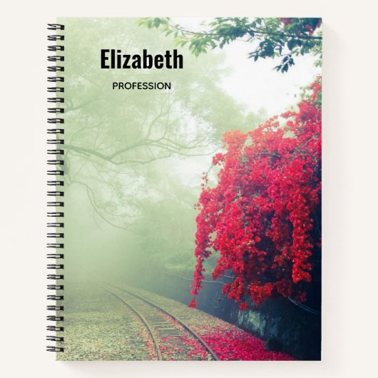 Foto van Misty Train Tracks & Red Tree Notitieboek (Voorkant)
