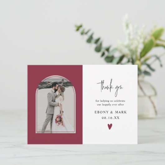 Foto van Modern Arch Burgundy Wedding Bedankkaart (Staand voorkant)