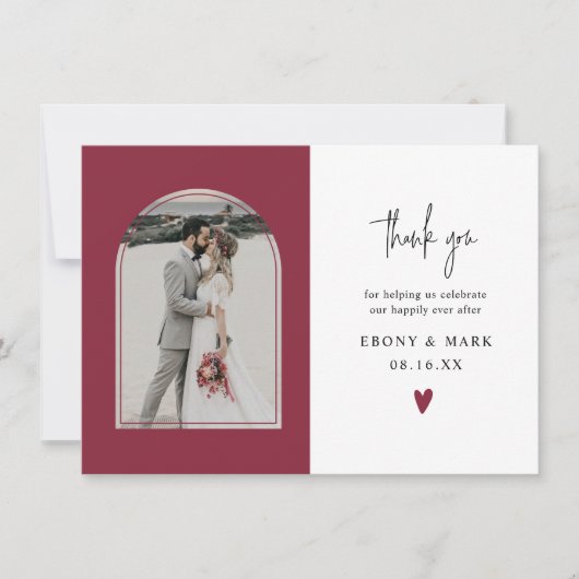 Foto van Modern Arch Burgundy Wedding Bedankkaart (Voorkant)